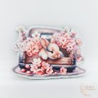 Nyuszi autón virágokkal - fa tábla