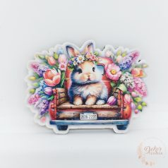 Nyuszi autón virágokkal - fa tábla