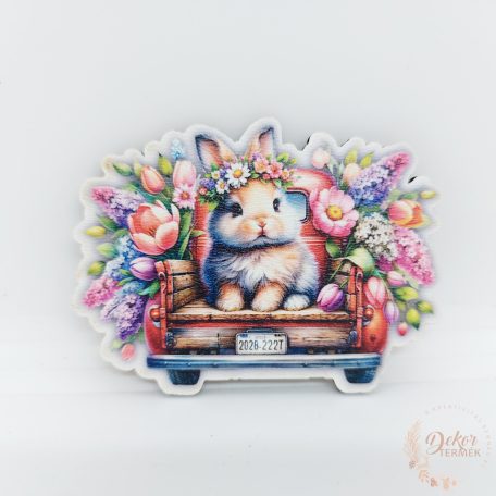 Nyuszi autón virágokkal - fa tábla